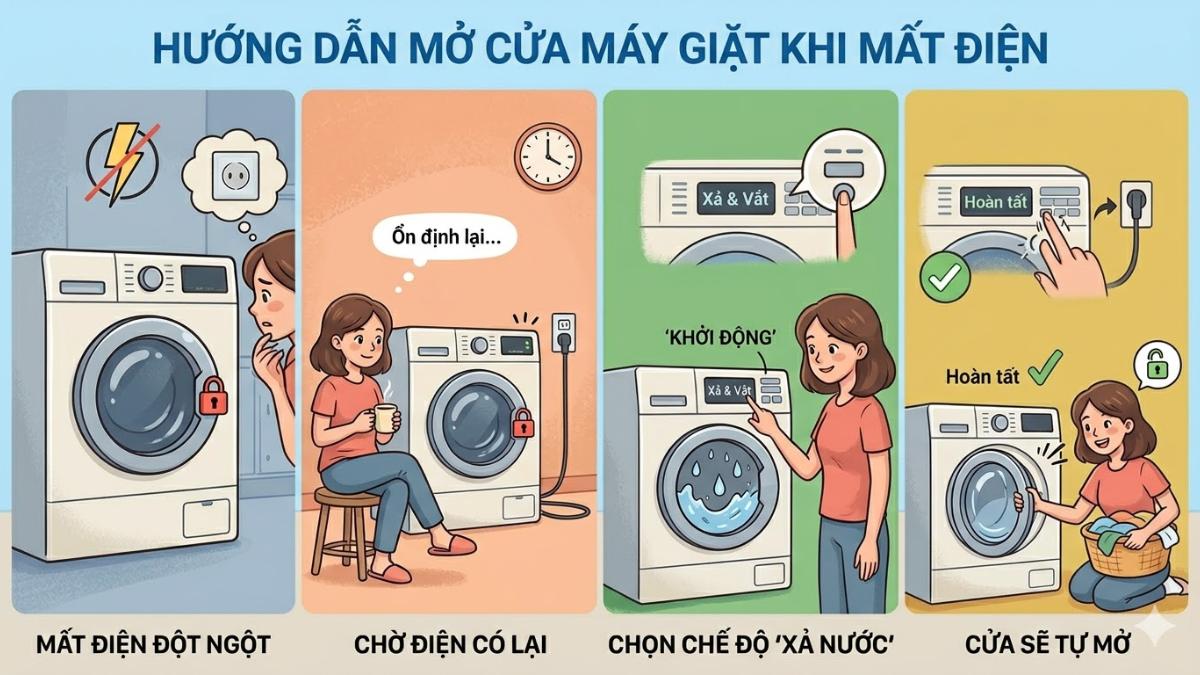 Cách mở cửa máy giặt cửa trước khi mất điện đột ngột