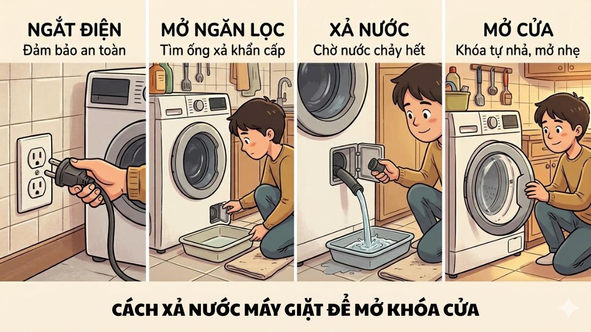 Cách xả nước máy giặt để mở khóa cửa