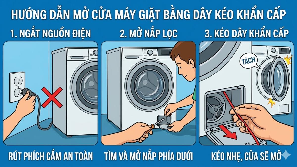 Cách mở cửa máy giặt bằng dây kéo khẩn cấp