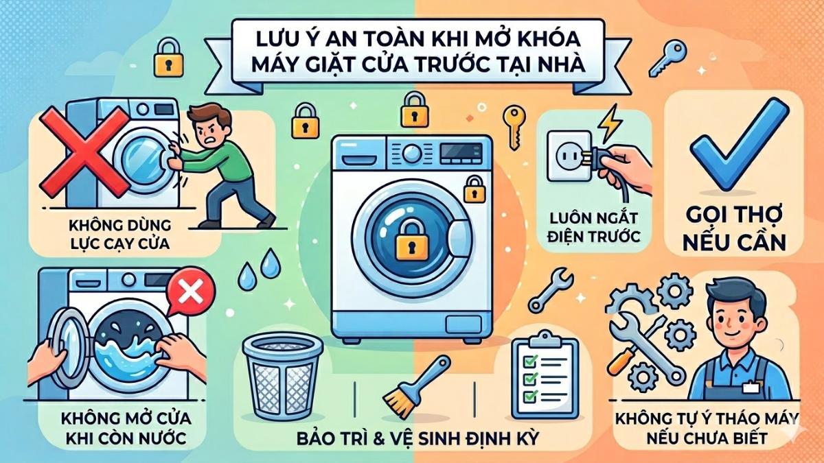 Lưu ý an toàn khi tự mở khóa máy giặt cửa trước tại nhà