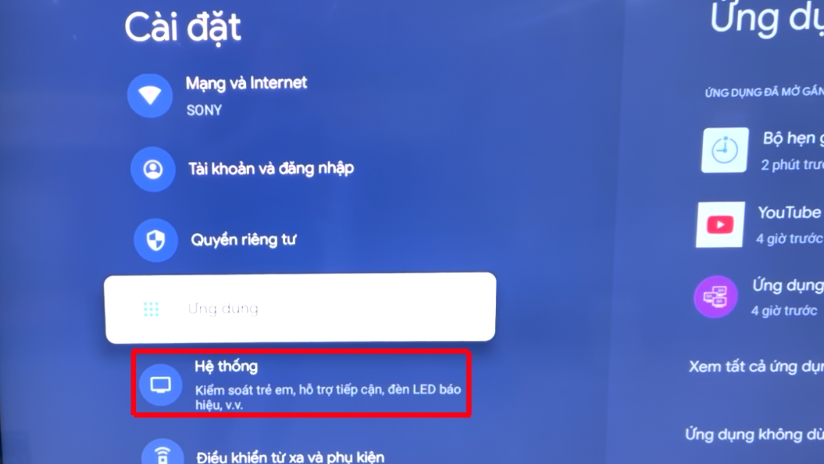 Chọn mục Hệ thống