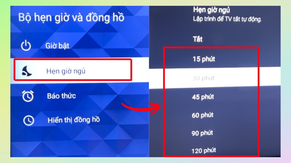 Chọn Hẹn giờ ngủ và thiết lập thời gian