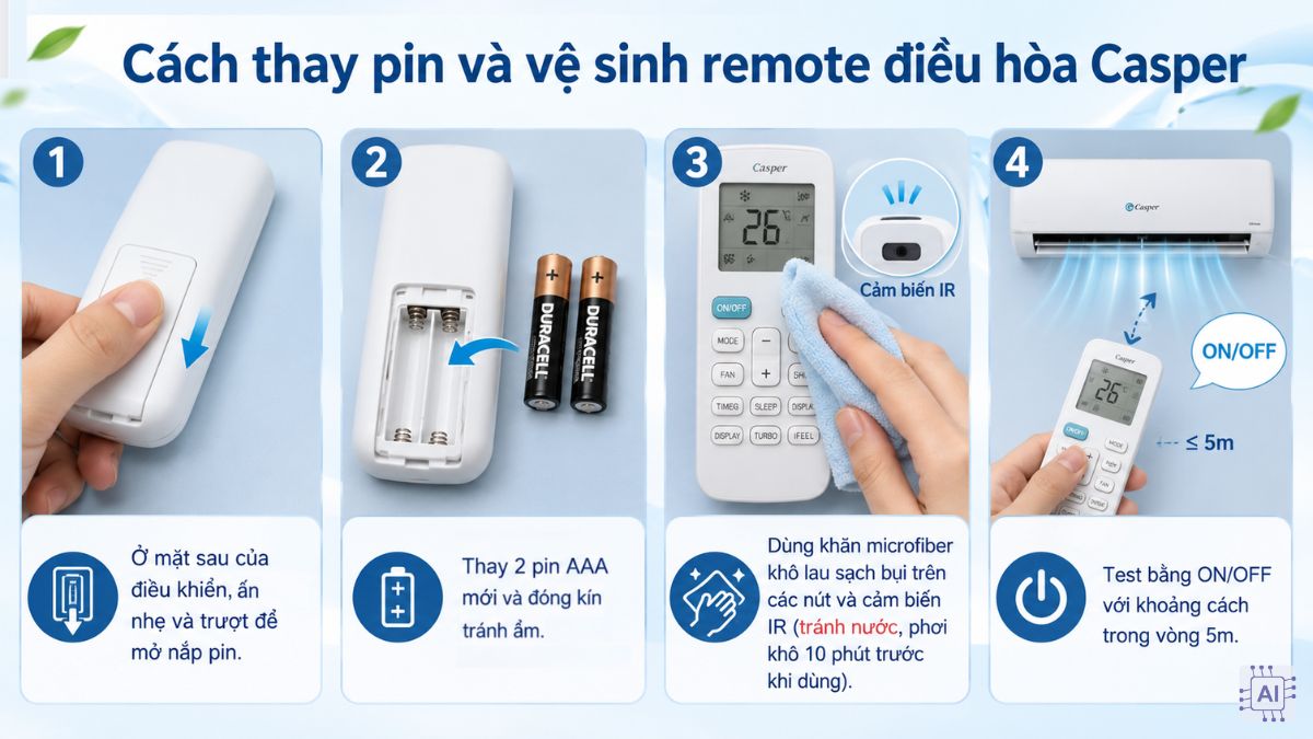 Cách thay pin và vệ sinh remote điều hòa Casper