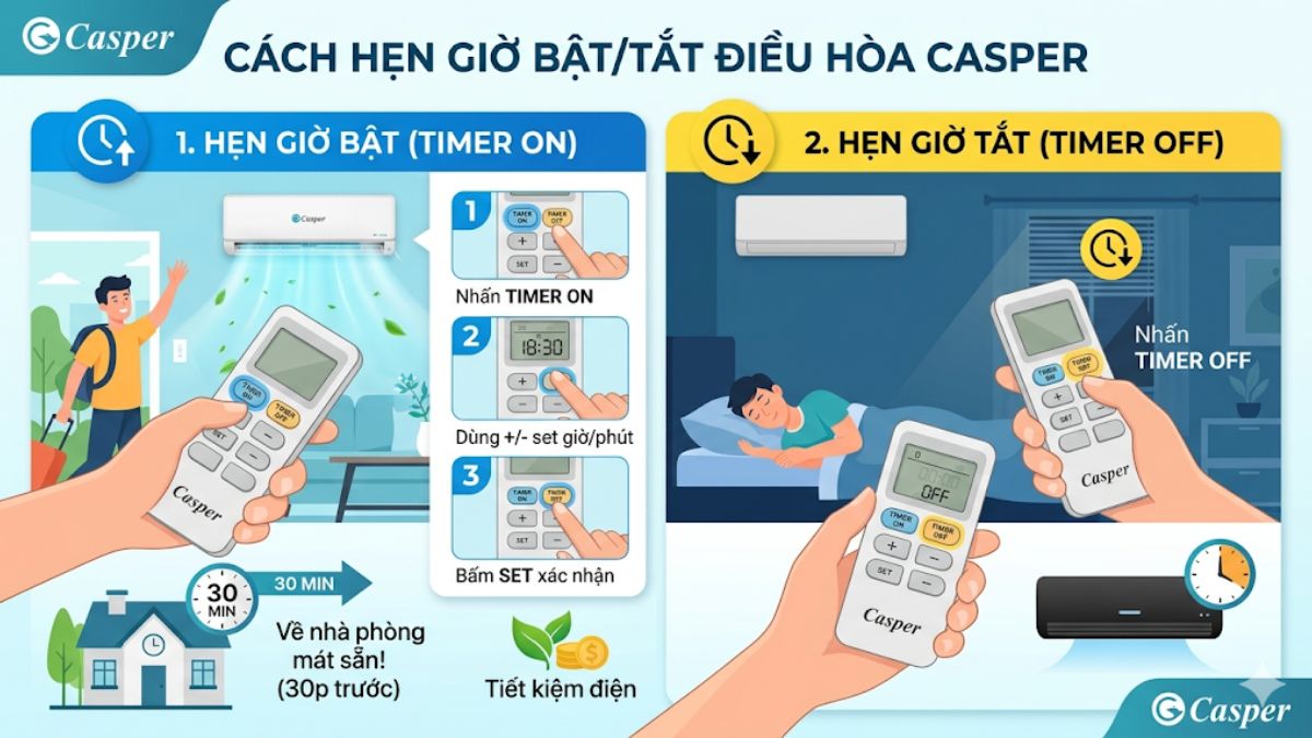 Cách hẹn giờ bật/tắt điều hòa Casper