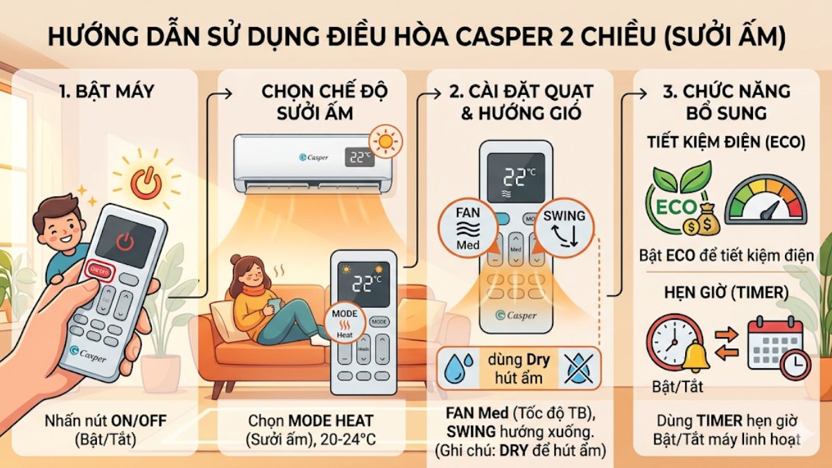 Hướng dẫn sử dụng điều khiển điều hòa Casper 2 chiều