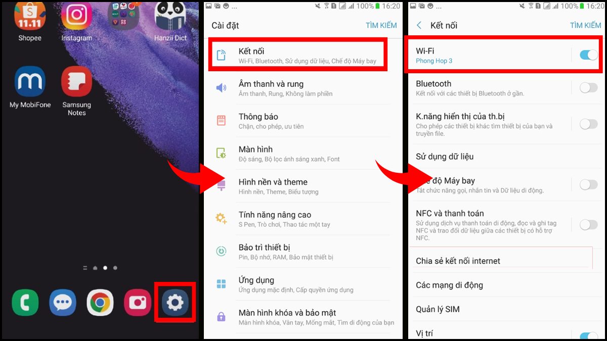 Cài đặt Bấm Kết nối rồi Ấn vào Wifi