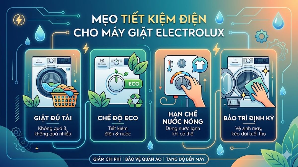 Mẹo sử dụng máy giặt Electrolux tiết kiệm điện hiệu quả