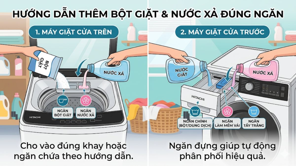 Thêm bột giặt và nước xả đúng ngăn