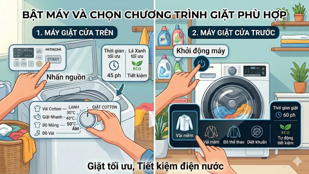 Bật máy và chọn chương trình giặt