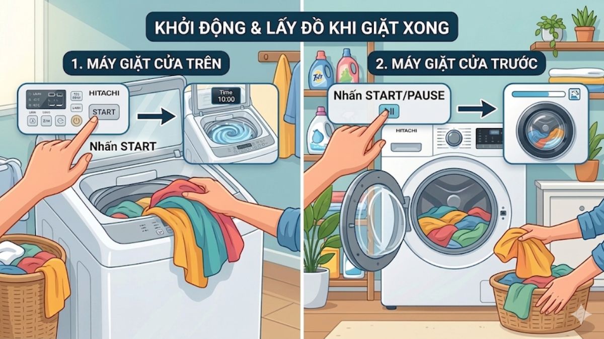Khởi động và lấy đồ sau khi giặt xong