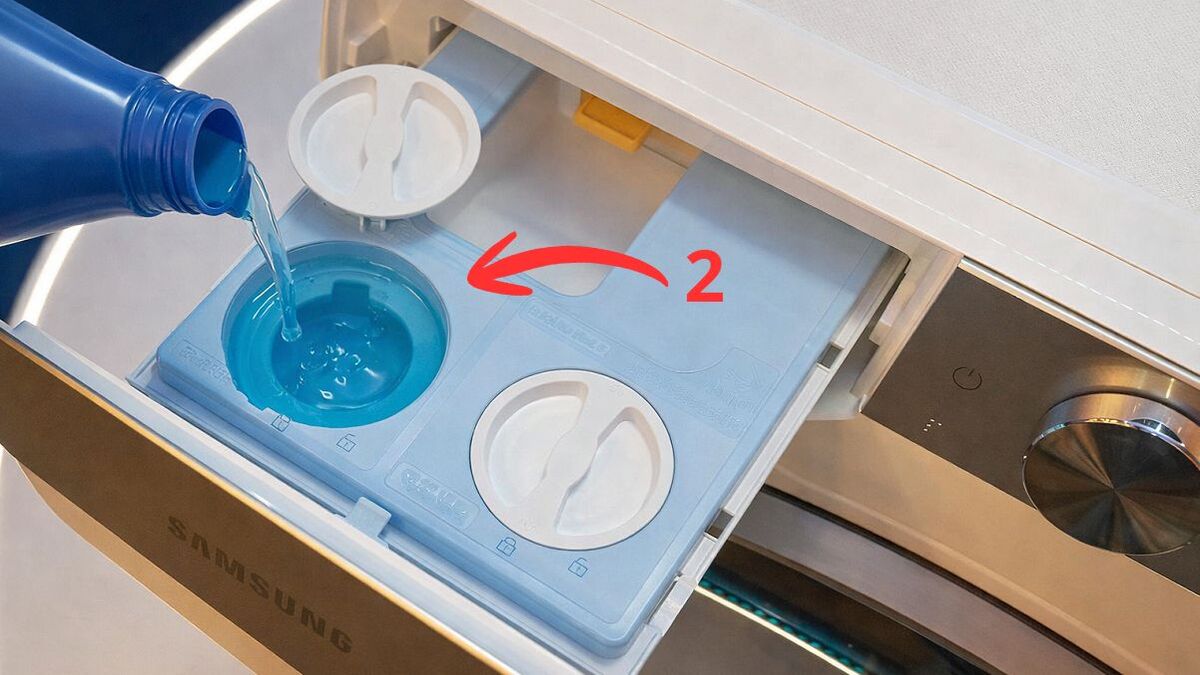 Cho bột giặt và nước xả vào đúng ngăn