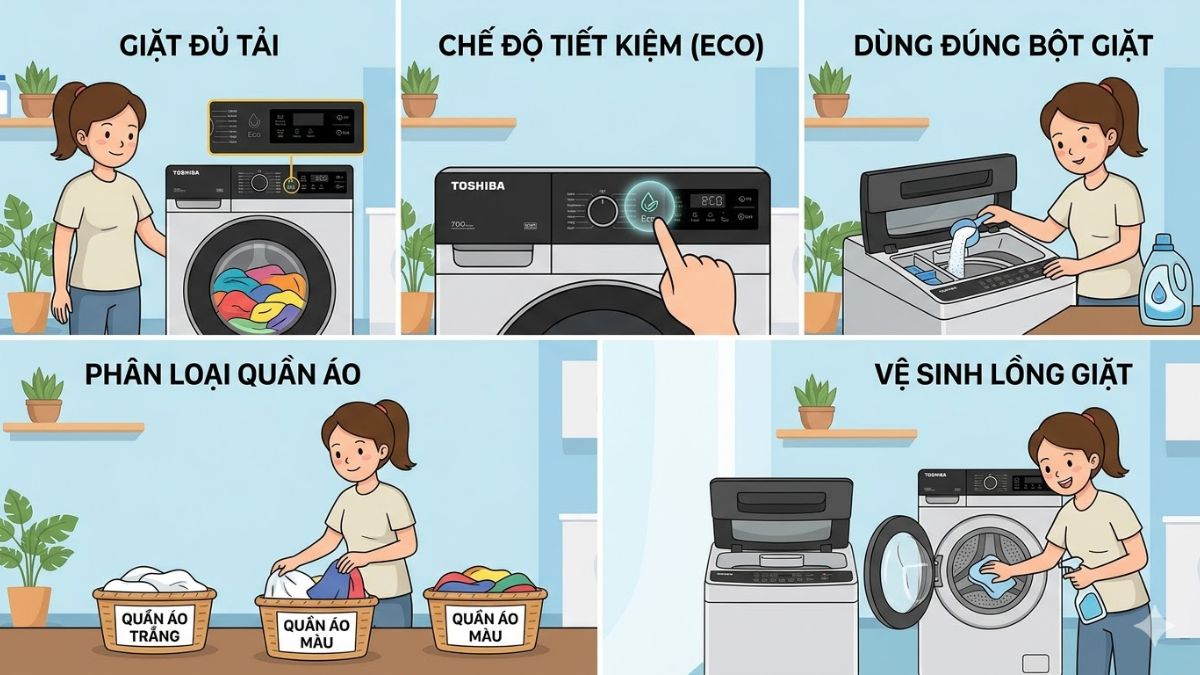 Mẹo dùng máy giặt Toshiba tiết kiệm điện và nước