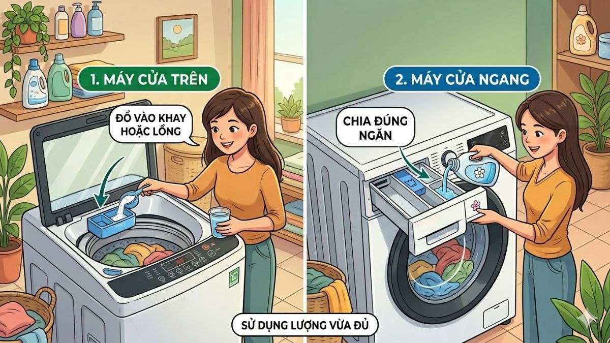 Đổ bột giặt và nước xả vào đúng vị trí