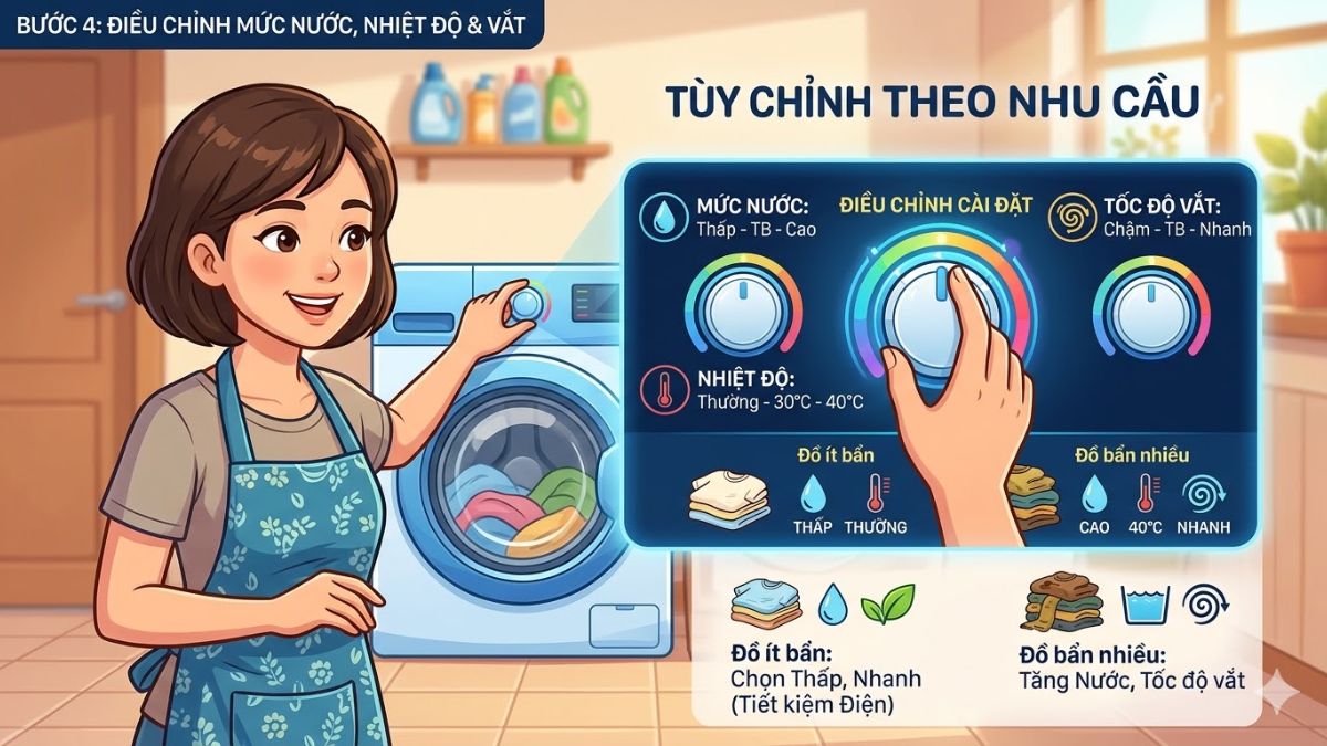 Điều chỉnh mức nước, nhiệt độ và tốc độ vắt