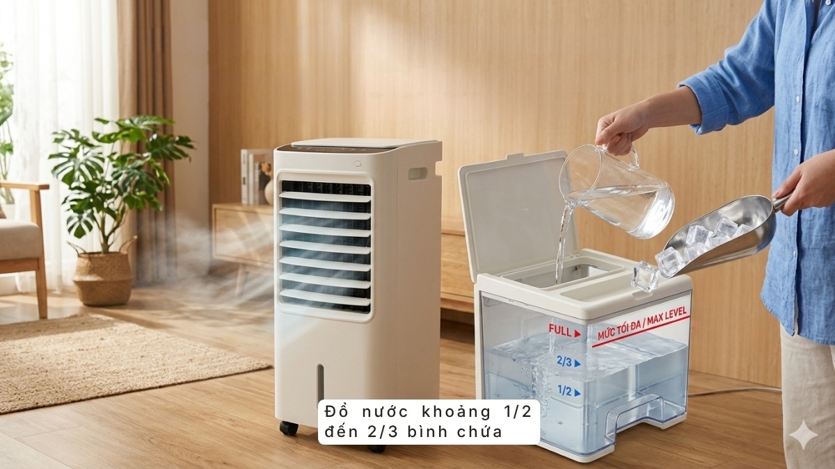 Cách đổ nước và dùng đá lạnh để tăng hiệu quả làm mát