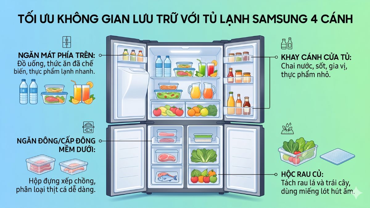 Tối ưu không gian lưu trữ với tủ lạnh 4 cánh