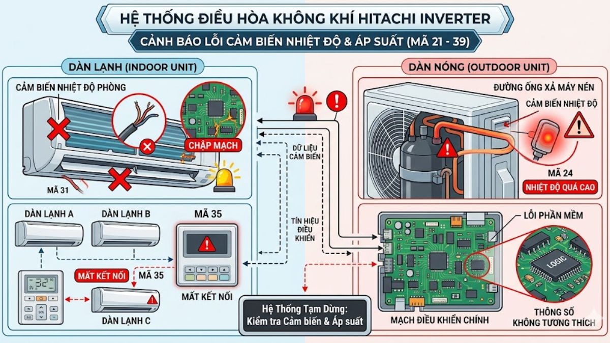 Mã lỗi máy lạnh Hitachi Inverter từ 21 đến 39