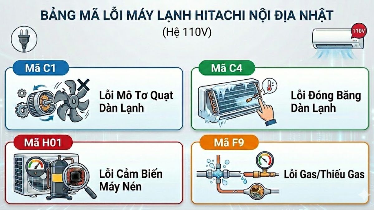 Mã lỗi máy lạnh Hitachi nội địa Nhật