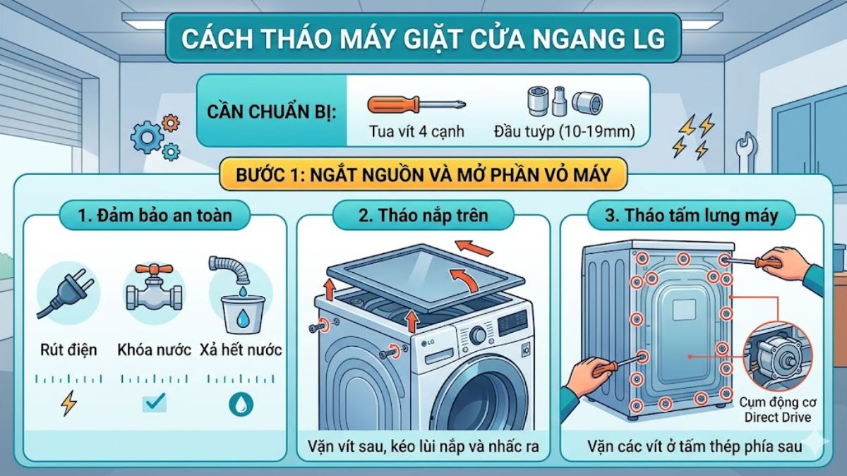 Cách tháo máy giặt cửa ngang LG
