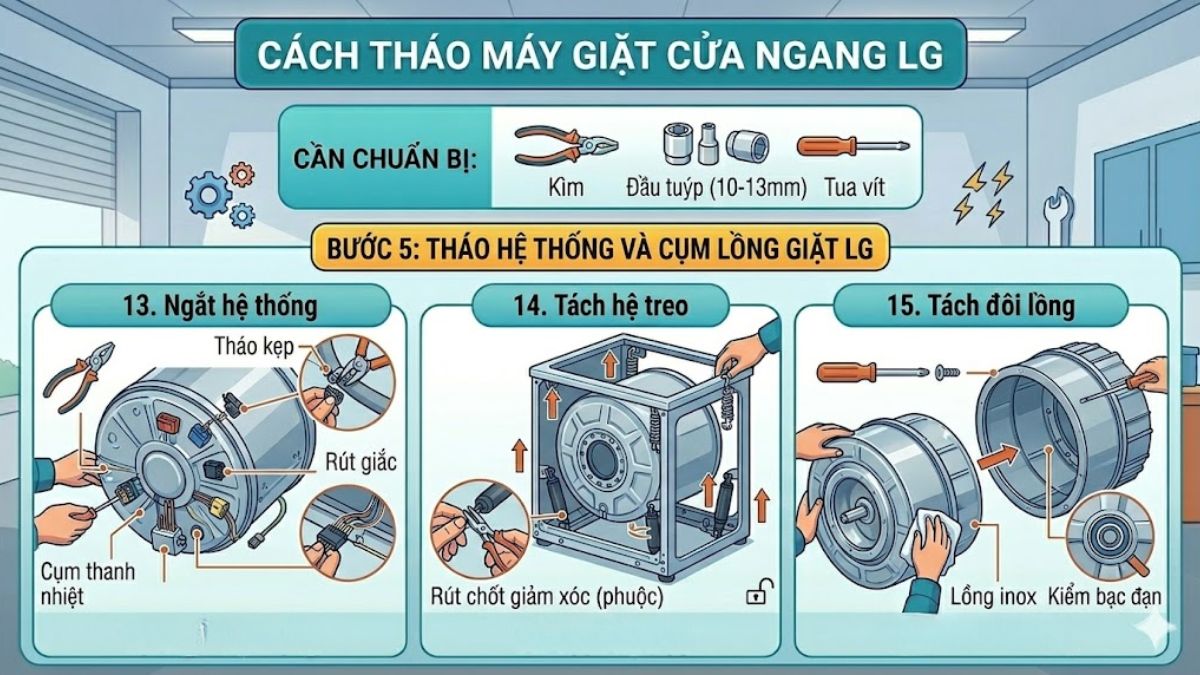 Tháo hệ ống và cụm lồng giặt