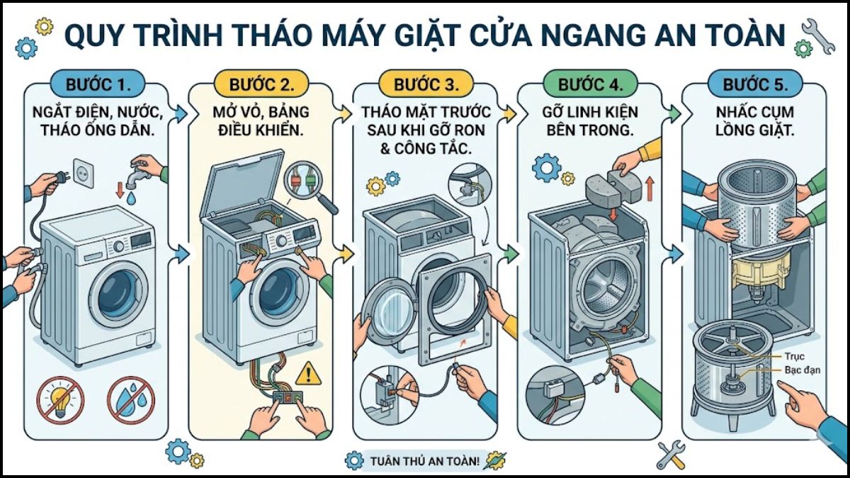 Cách tháo máy giặt cửa ngang theo từng bộ phận