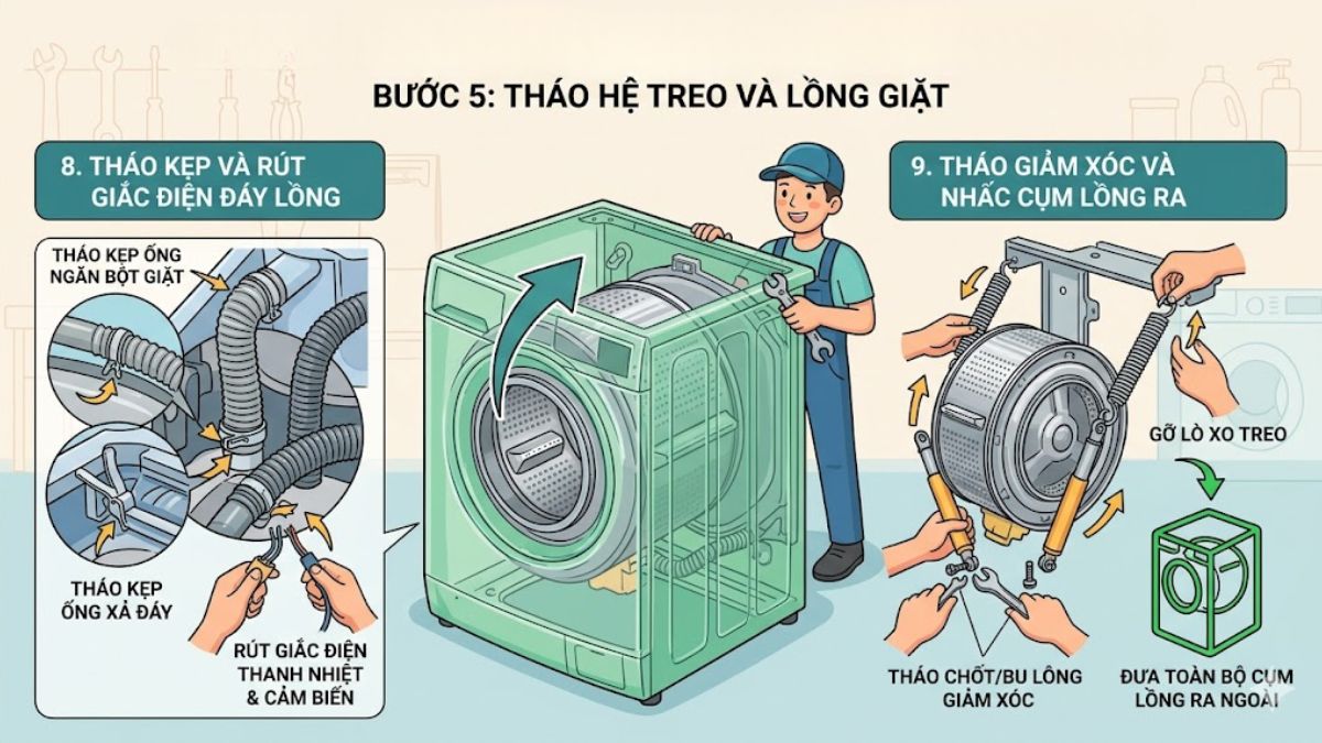 Tháo hệ treo và lồng giặt