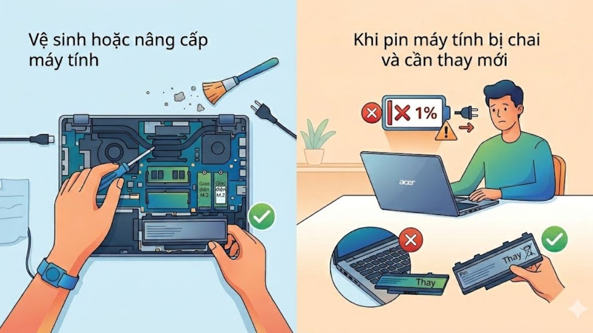 Khi nào cần tháo pin laptop Acer?