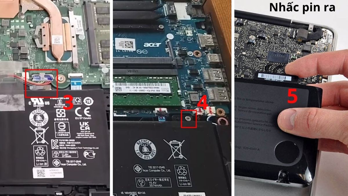 Tháo ốc vít gắn pin với máy