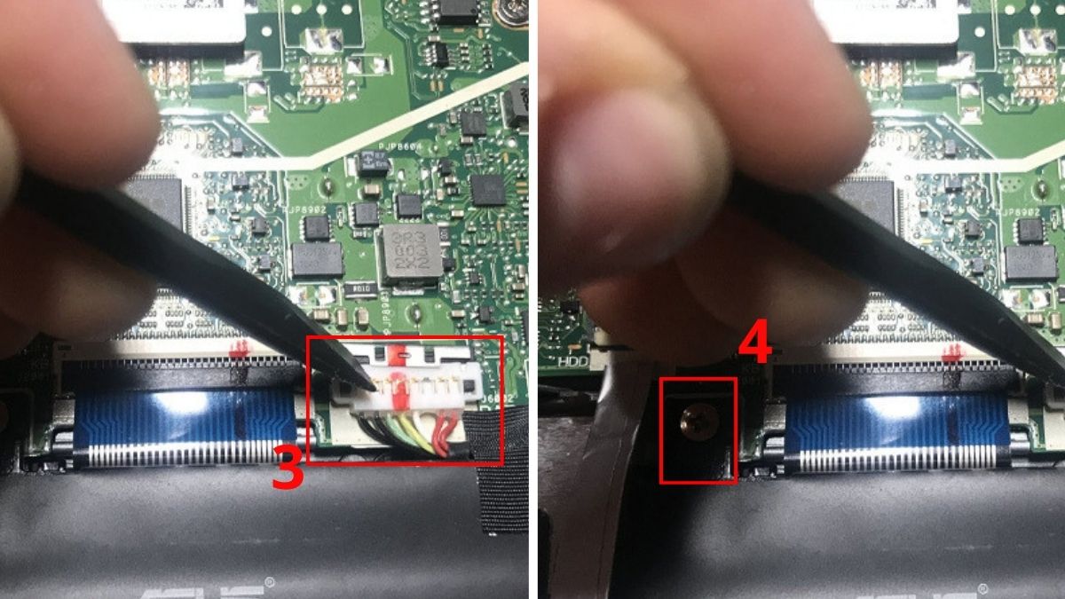 đẩy lẫy giữ cáp lên và nhẹ nhàng rút cáp pin ra
