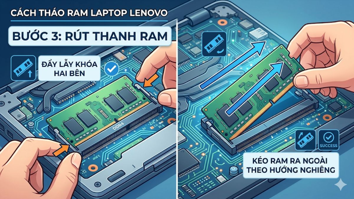 Rút thanh RAM máy tính lenovo