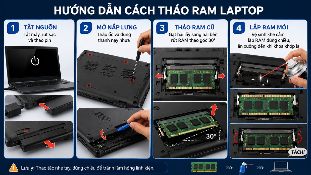Hướng dẫn cách tháo RAM laptop