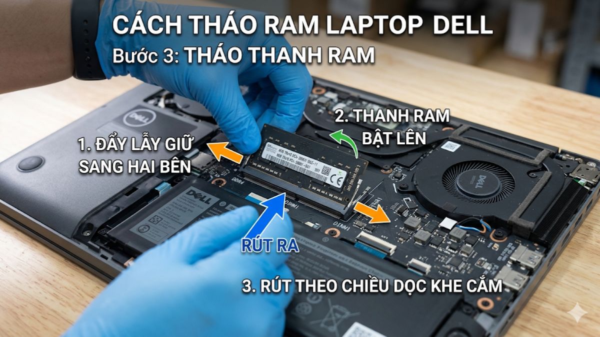 Tháo thanh RAM laptop Dell