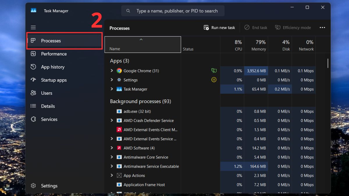 Chọn tab “Background processes” hoặc “Startup”