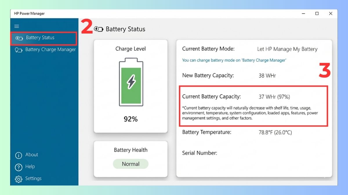 Chọn Battery Status để kiểm tra tình trạng pin