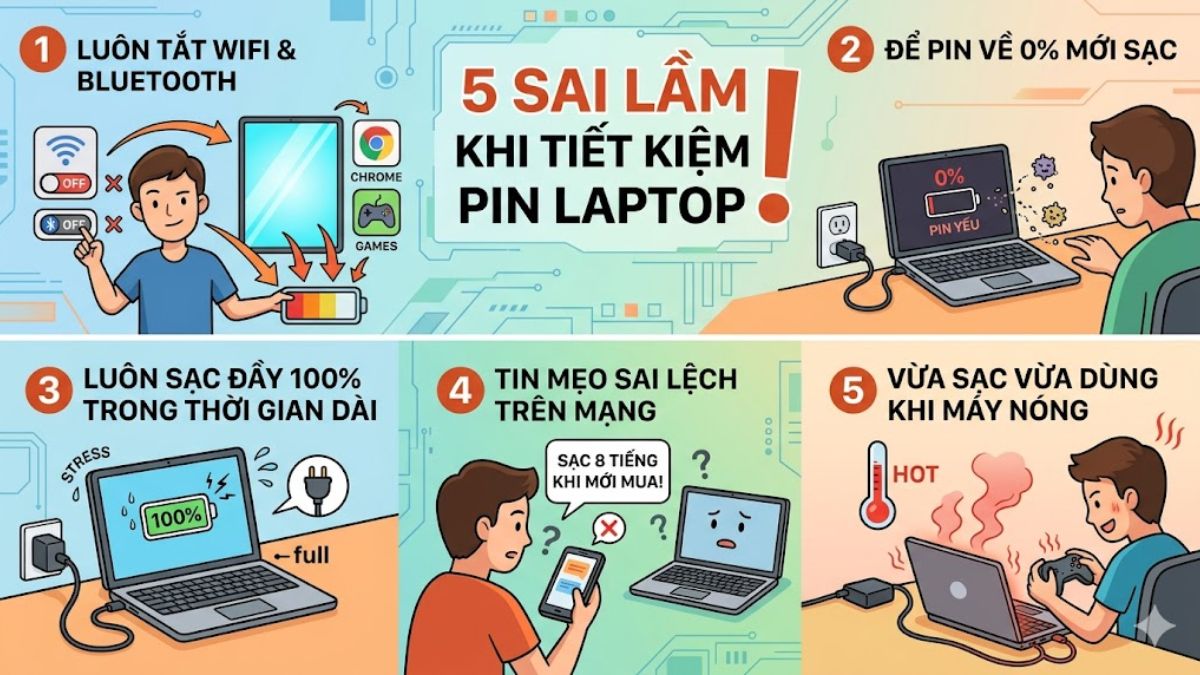 Sai lầm thường gặp khi cố tiết kiệm pin laptop
