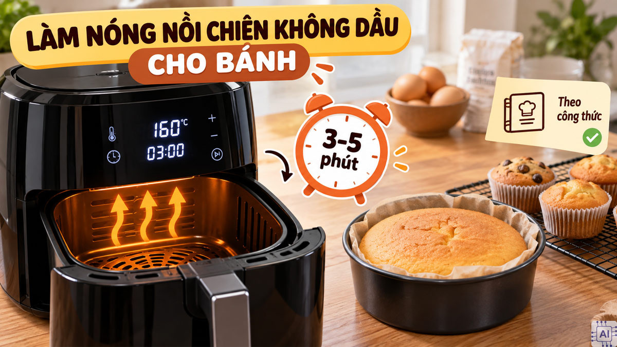 Làm nóng nồi chiên không dầu bao nhiêu phút cho bánh