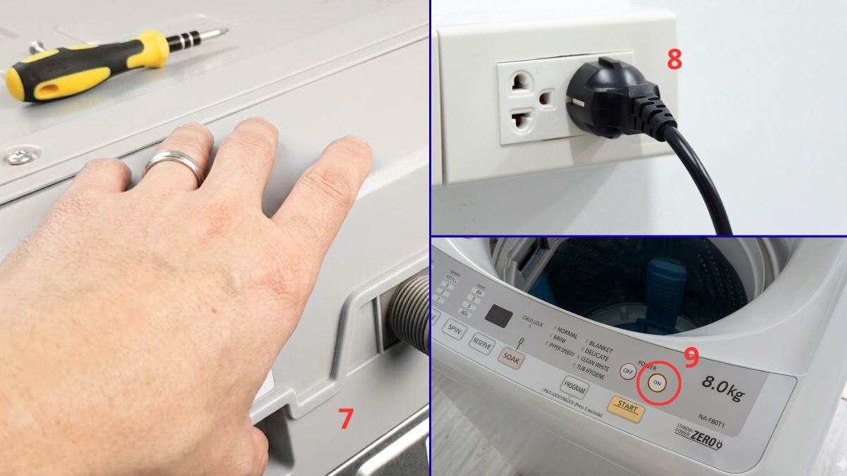 Lắp lại nắp máy, cắm điện và chạy thử 