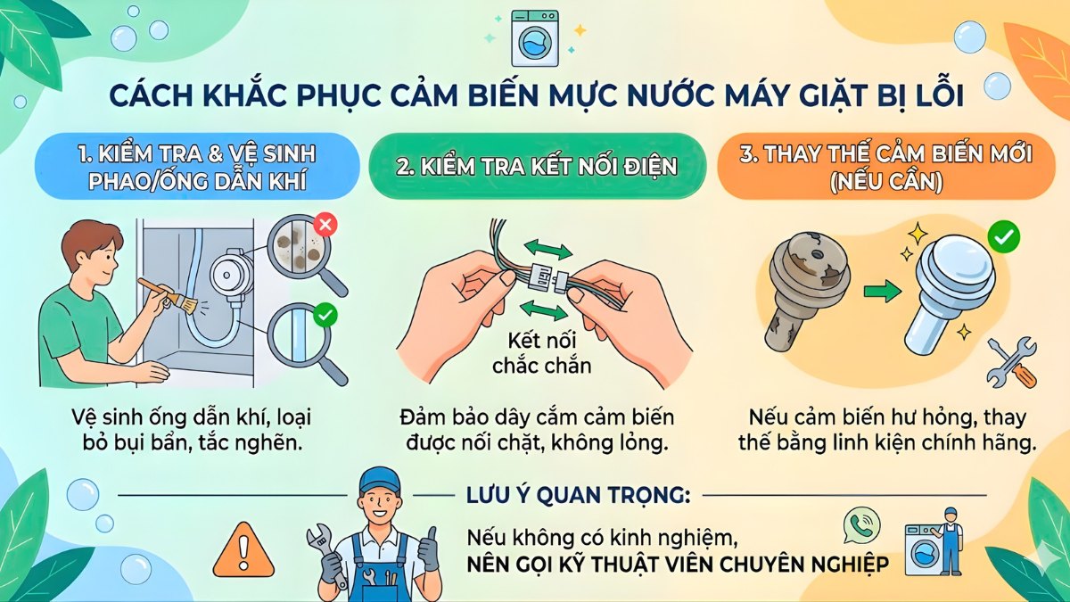 Cách khắc phục cảm biến mực nước máy giặt bị lỗi