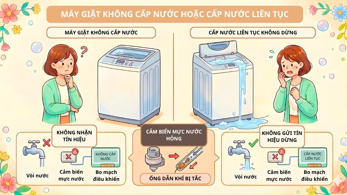 Máy giặt không cấp nước hoặc cấp nước liên tục