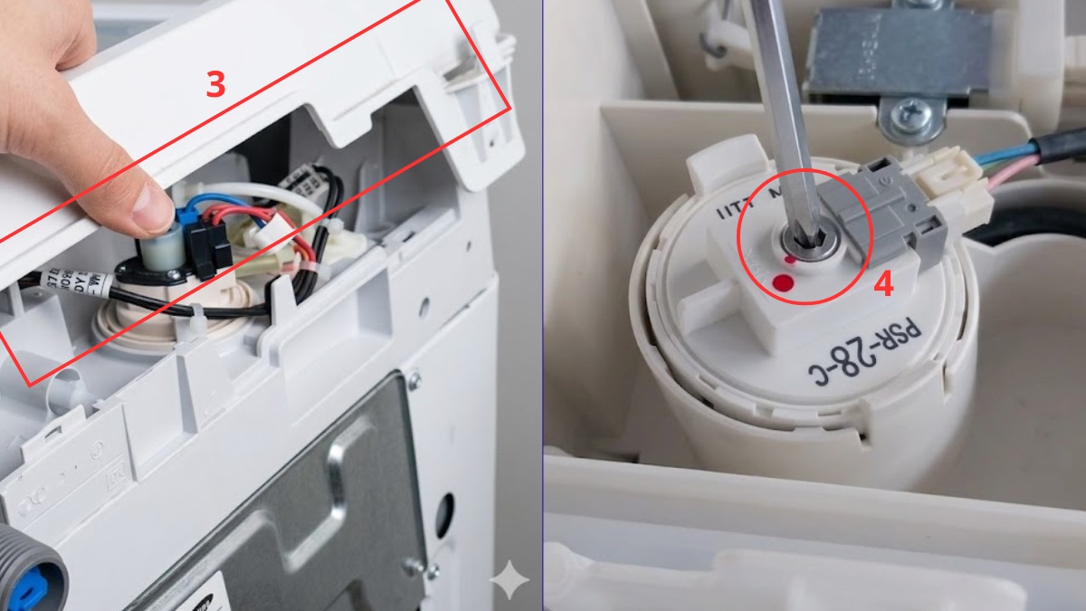 Mở nắp máy giặt rồi dùng tua vít để tháo cảm biến