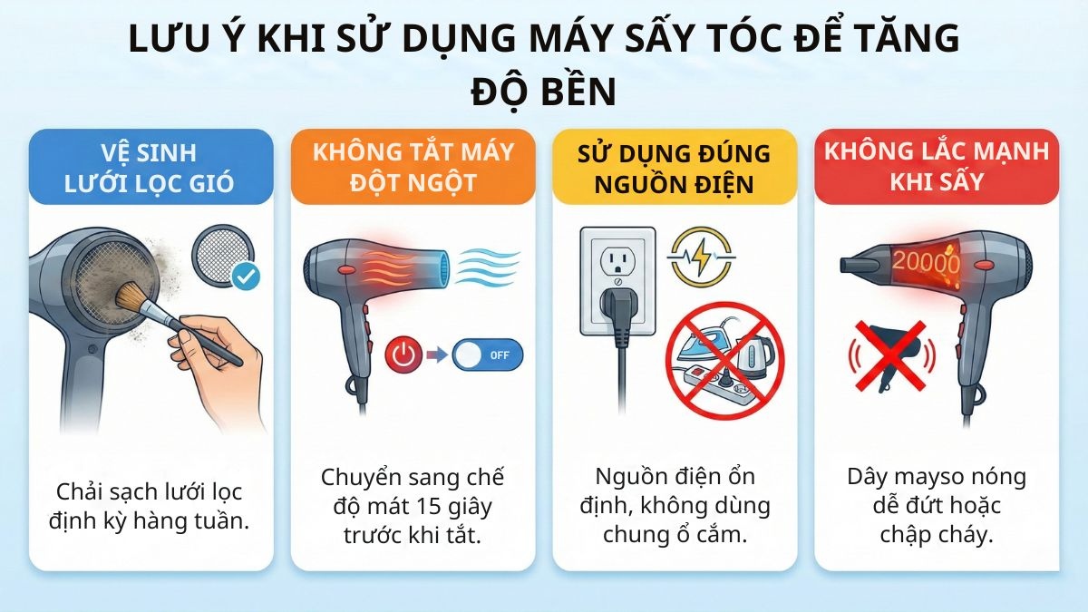 Lưu ý khi sử dụng máy sấy tóc