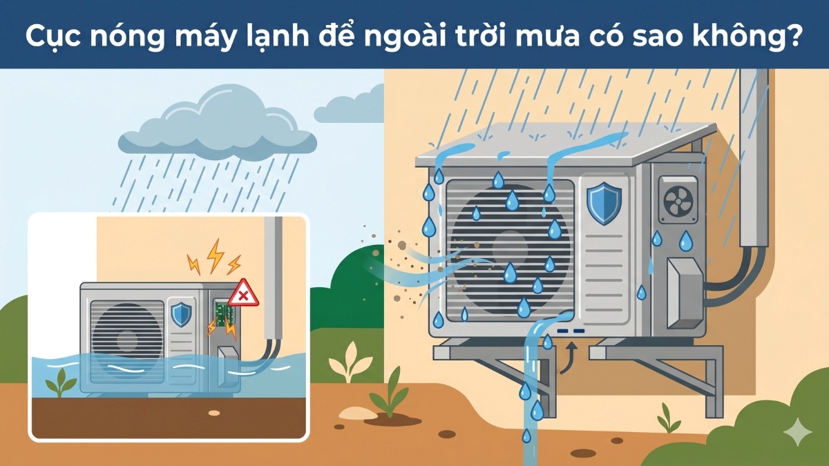 Cục nóng máy lạnh để ngoài trời mưa có sao không?