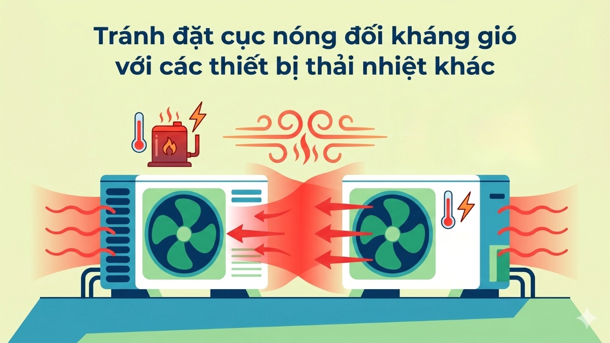 Tránh đặt cục nóng đối kháng gió với các thiết bị thải nhiệt khác
