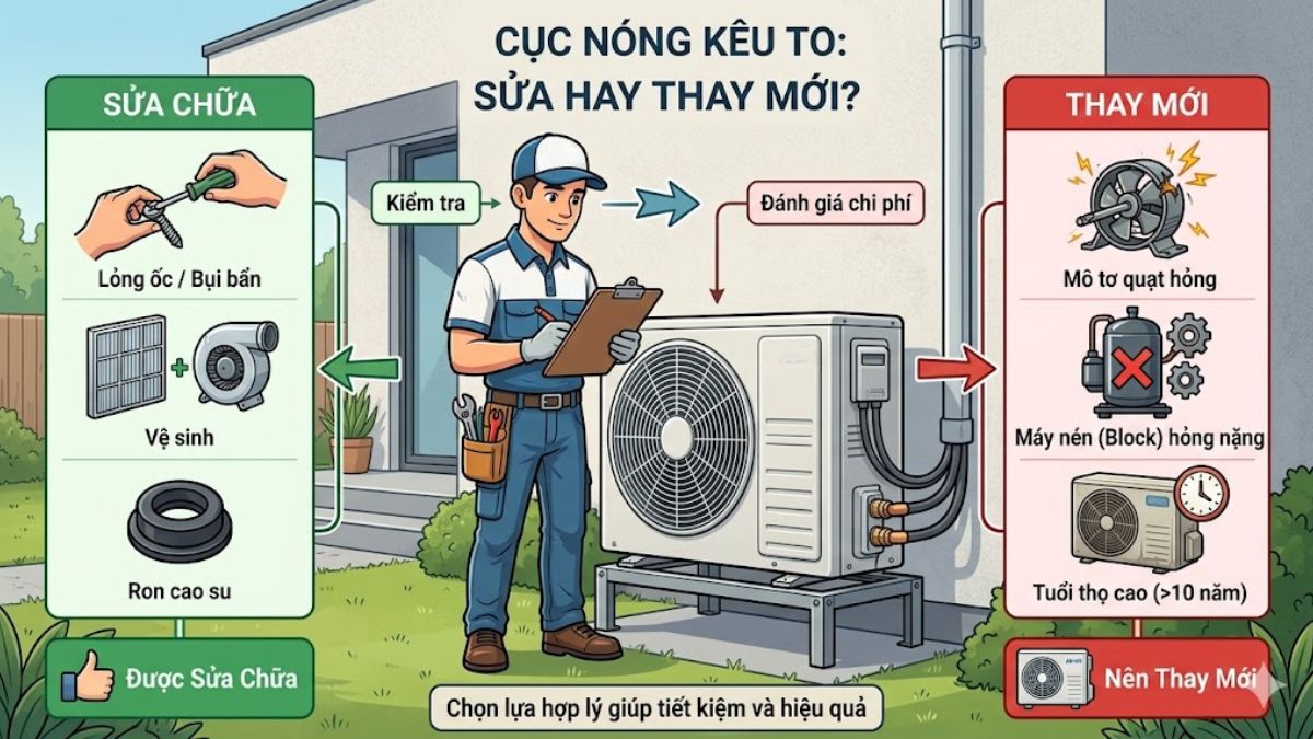 Cục nóng điều hòa kêu to nên sửa chữa hay thay mới?