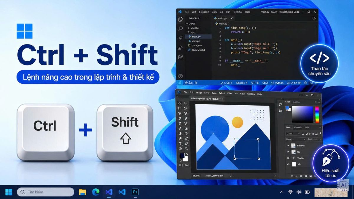 Ctrl + Shift dùng để làm gì trong các phần mềm lập trình và thiết kế?