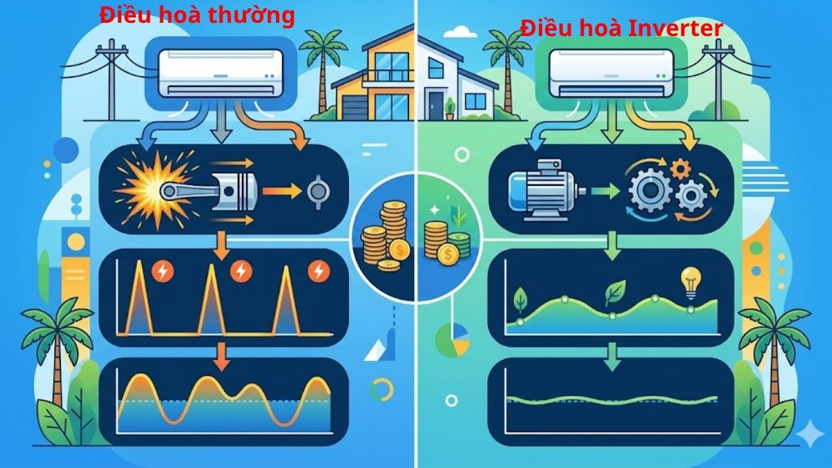 Điều hòa Inverter và điều hòa thường tiêu thụ điện khác nhau ra sao?