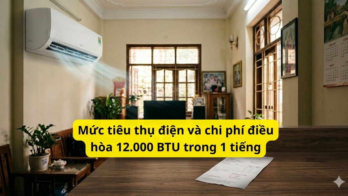 Mức tiêu thụ điện và chi phí điều hòa 12.000 BTU trong 1 tiếng