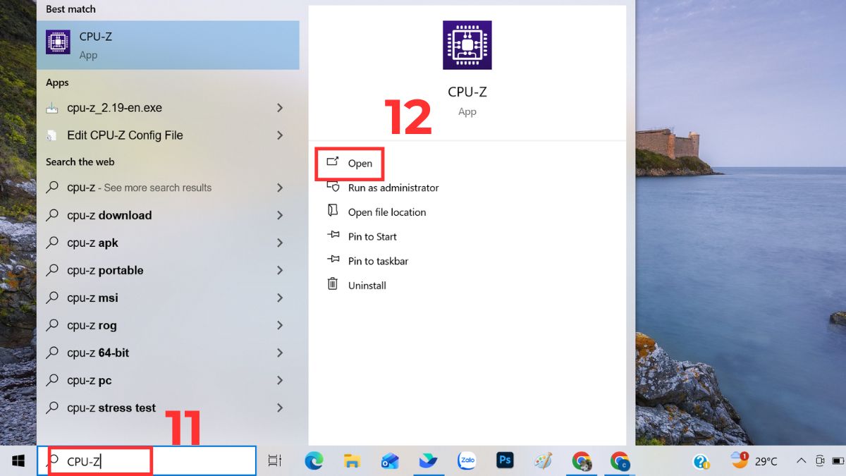 Tìm CPU-Z tại thanh tìm kiếm