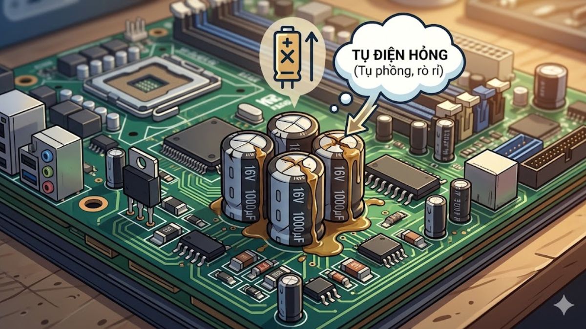 Tụ điện phồng, rò rỉ trên bo mạch chủ