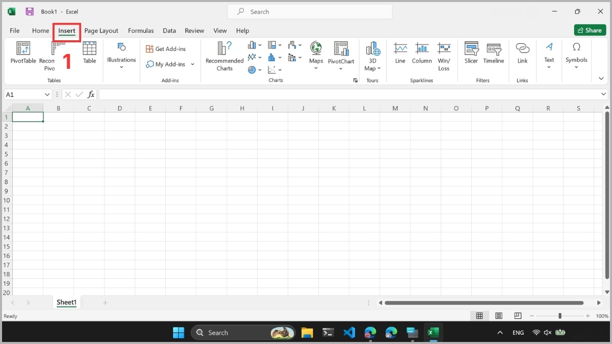 Mở thẻ Insert trong Excel